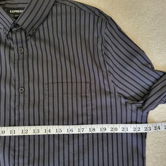Express Men's L Button Down Shirt Long Sleeve 2 Button Cuff Pocket Black Stripe - Picture 8 of 13